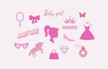 Küçük kız, prenses. Şirin pembe ikonlar koleksiyonu - ayakkabılar, elbise, parfümler, çanta, tek boynuzlu at ayna vektörü illüstrasyonu