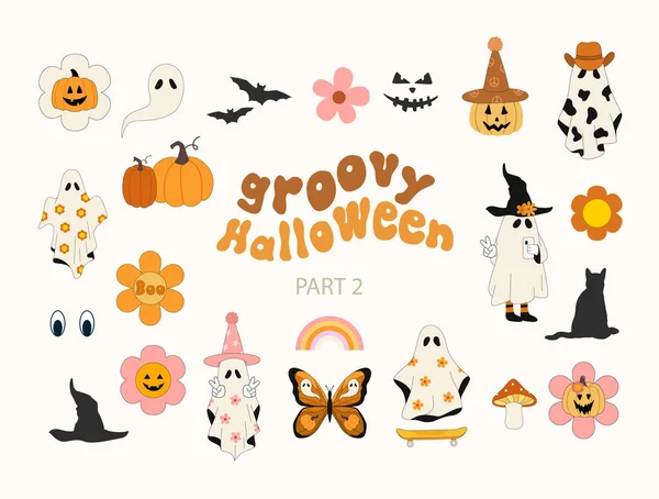 Groovy Halloween Cliparts Halloween Groovy Rétro Style Vintage Hippie Fantôme — Image vectorielle
