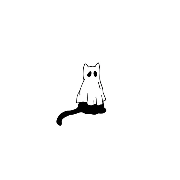 かわいい猫はハロウィーンのコスチュームを着ています ゴーストキャット 手描きのスケッチ アートの落書きのように ベクトルイラスト — ストックベクタ