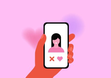 El ele tutuşan telefon. Online flört uygulaması. Eşleşme. Sevmek ve sevmemek. Vektör