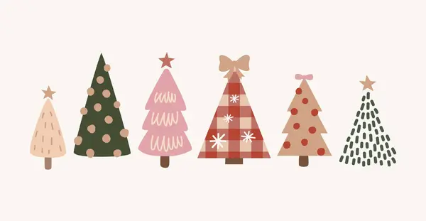 Niedlichen Handgezeichneten Weihnachtsbaum Mit Lichtern Und Schneeflocken Vektor Stockillustration