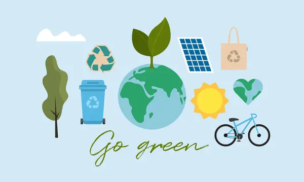 Gehen Sie Grün Ökologie Und Nachhaltigkeit Planet Erde Fahrrad Mülltonne Vektorgrafiken