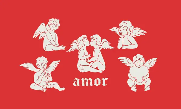 Amor Amor Cupidos Anjos Desenhados Mão Dia Dos Namorados Cupido Vetores De Stock Royalty-Free