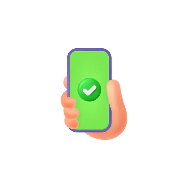Marca Verificação Verde Sim Símbolo Desenho Animado Mão Segurando Telefone Gráficos De Vetores