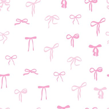 Beyaz arka planda pembe minimal yay ve aksesuar deseni.