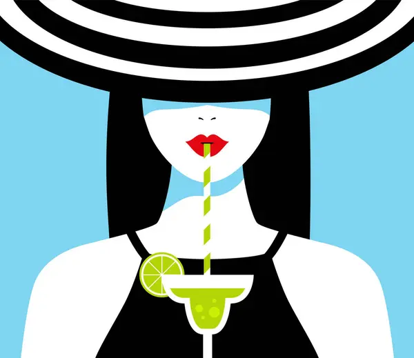 Summer Vintage Style Poster Woman Wearing Hat Vacation Vecteur En Vente
