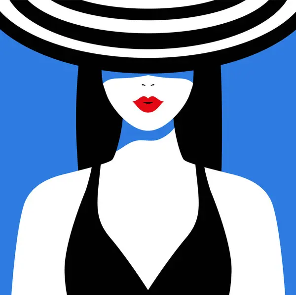 Summer Vintage Style Poster Woman Wearing Hat Vacation Illustration De Stock