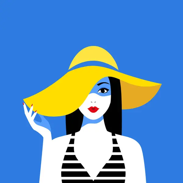 Summer Vintage Style Poster Woman Wearing Hat Vacation Graphismes Vectoriels