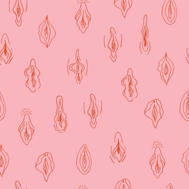 Pembe arka planda dişi vulva. El çizimi karalama. Kusursuz desen. Vektör. Vektör illüstrasyonu