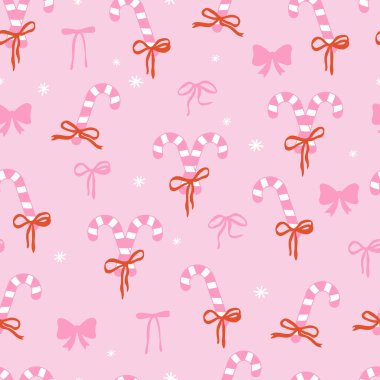 Coquette Noel 'in kusursuz kış şablonu. Şeker kamışı. Pembe küçük kız estetiği. Vektör illüstrasyonu