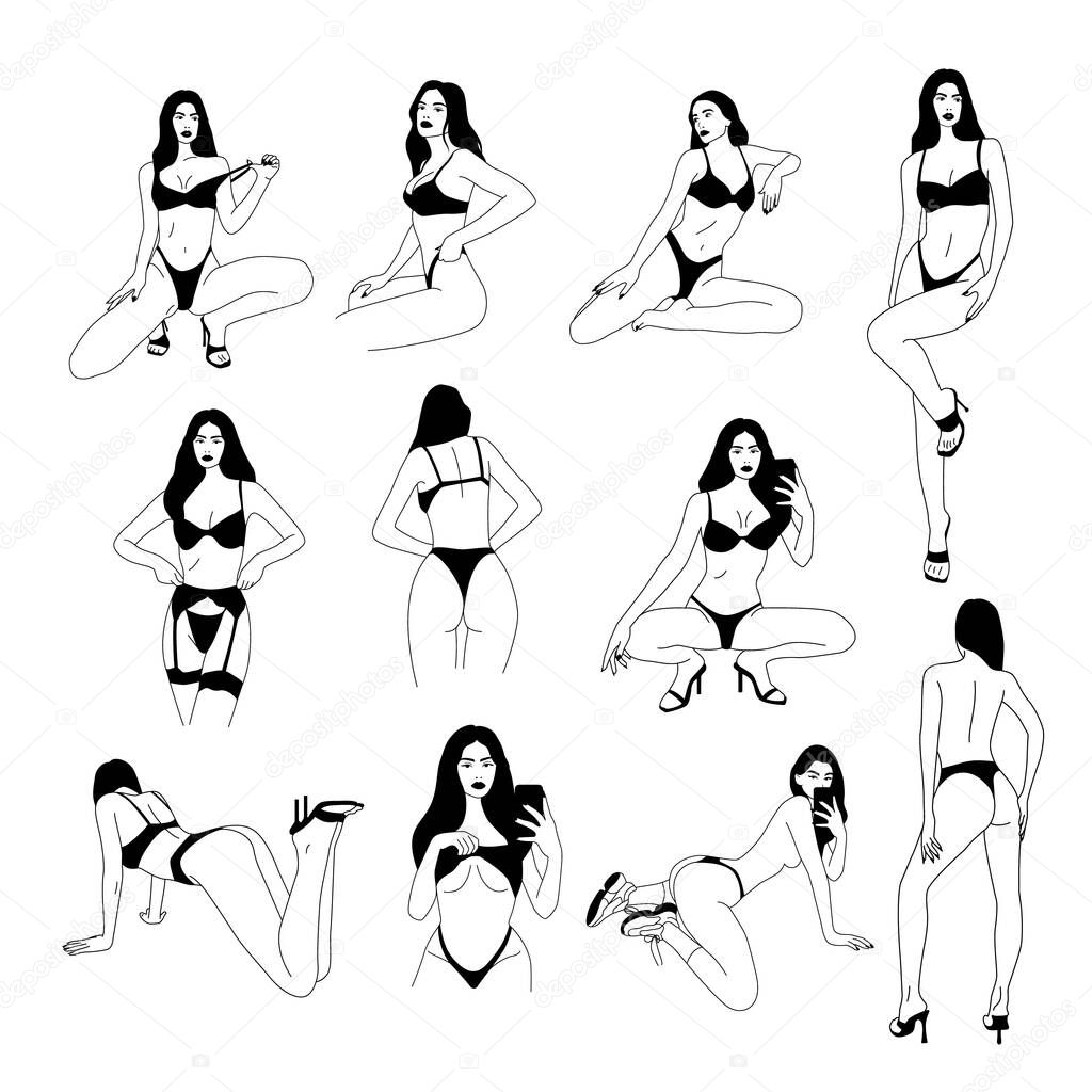 Line art. Naked female bodies icons. Sexy woman silhouette. Vector. Vector illustration