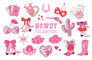 Merhaba Valentine. Sevgililer Günü ikonları kovboy stili, vahşi batı. Vektör illüstrasyonu