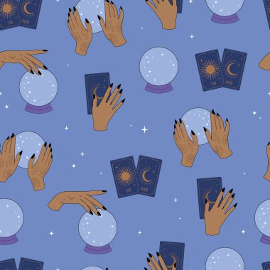 Sihirli top ve cadı elleri düz ve pürüzsüz desen. Tarot kartları. Düz stil. Vektör illüstrasyonu