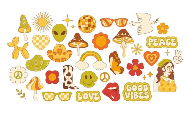 Harika bir hippi seti. Düz stil. Uzaylı, kovboy çizmeleri, şapkası, mantarları ve retro çiçekleri olan garip ve sevimli bir koleksiyon. Vektör illüstrasyonu