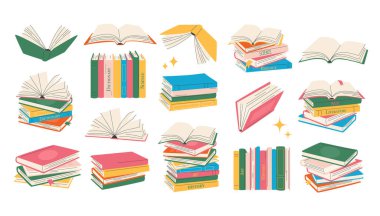 Kitaplar hazır. Düz stil kitap yığını, açık kitap. Okuma ve öğrenme. Okula dönelim. vektör