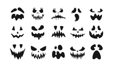 Cadılar Bayramı Balkabağı Suratı. Jack o fener tasarımı seti. İzole cadılar bayramı korkunç yüzleri. Vektör illüstrasyonu