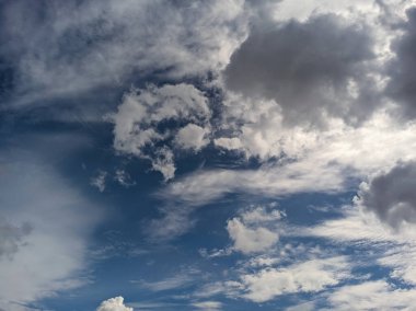 Pofuduk beyaz ve gri bulutlu canlı mavi gökyüzü manzarası.