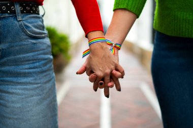 Sokakta el ele tutuşan iki lgtbi kadınının yakın çekimi.