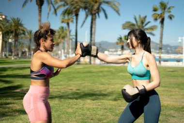 Parkta palmiye ağaçlarıyla boks yapan iki kadın.