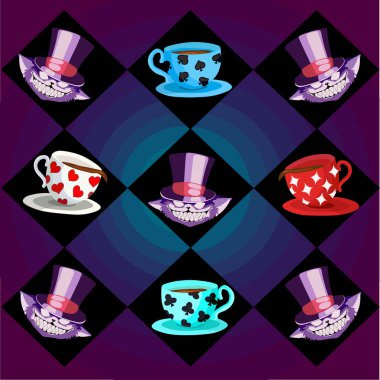 Satranç arka planında fincanlı Cheshire kedisi