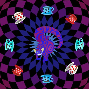 Kaleydoskop arka planında çay fincanları olan Cheshire kedi deseni