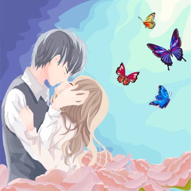 Mavi arka planda kelebekleri ve çiçekleri olan anime bir çift