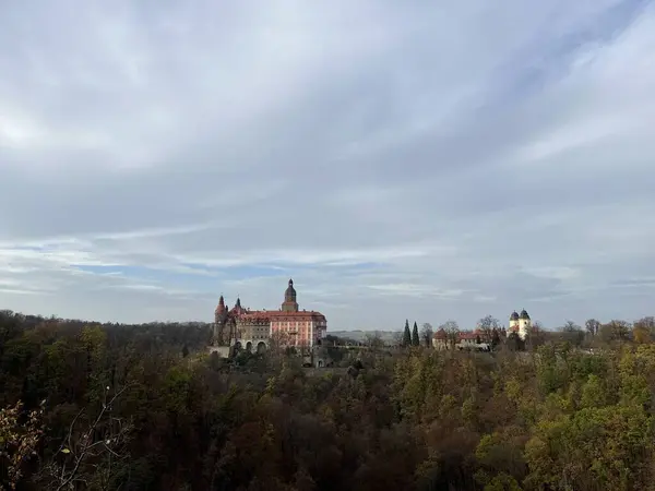 Ormanla çevrili bir tepedeki güzel bir şatonun manzarası.
