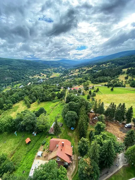 Göz kamaştırıcı bir dağ, bir vadi, yeşil tarlalar ve orman manzarası.