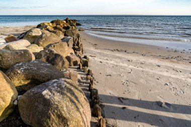 Arka planda sakin bir Baltık Denizi olan kayalık bir kıyı şeridi. Su berrak ve kayalar yeşil.