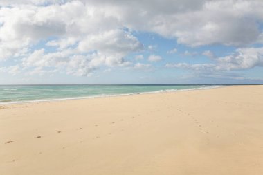 İspanya 'da Fuerteventura adalarında açık mavi gökyüzü ve birkaç bulutu olan bir sahil. Su sakin ve kum kuru.