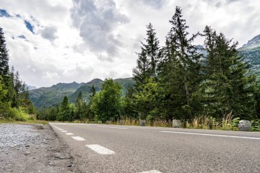 İki tarafında ağaçlar olan bir yol. Yol bomboş. Gökyüzü mavi. Hiç bulut yok.
