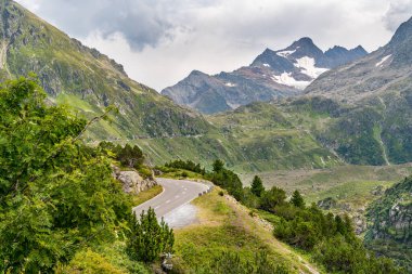 İsviçre Alpleri 'nde tepesinde kar ve buz olan bir dağ sırası. Dağlar yeşil çimlerle kaplıdır. Gökyüzü bulutlu ve gri