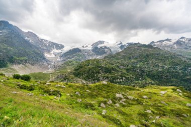 İsviçre Alpleri 'nde tepesinde kar ve buz olan bir dağ sırası. Dağlar yeşil çimlerle kaplıdır. Gökyüzü bulutlu ve gri