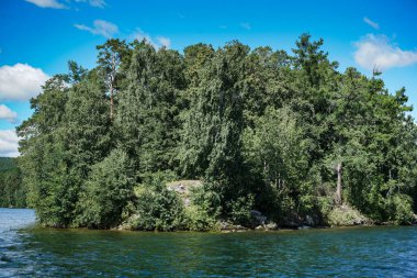 Rusya 'nın güney Urallar' ında Turgoyak Gölü. Arka planda ağaçlar olan bir su kütlesi. Su yeşil ve sakindir. Gökyüzü bulutlu.