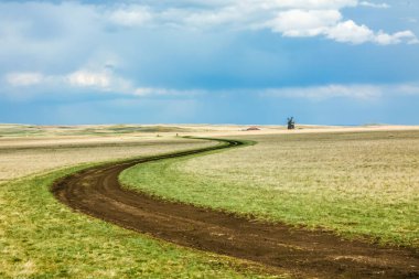 Çimenlerin arasından toprak bir yol geçiyor. Yol çamurlu ve Arkaim Ural Rusya 'da birkaç su birikintisi var.