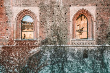 Milano İtalya 'nın sol penceresinde yansıması olan bir binanın iki penceresi var. Sağ pencere sarmaşıkla kaplı.
