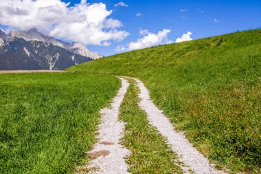 Arka planda Alp dağları olan çimenli bir tarladan geçen bir yol. Yol toprak ve o bir toprak yol.
