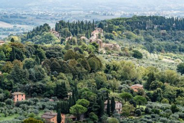 İtalya 'da Perugia Umbria' da evleri ve ağaçları olan bir yamaç. Evler kahverengi ve beyaz. Ağaçlar yeşil.