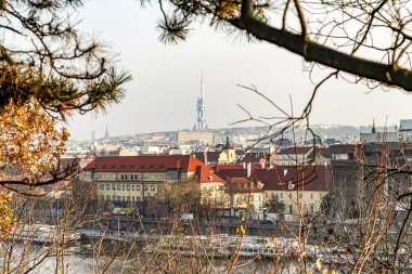 Prag şehrinin arka planında Prag televizyon kulesi olan yüksek bir manzarası. Binalar çoğunlukla kahverengi ve kırmızıdır. Gökyüzü bulutlu ve güneş görünmüyor.