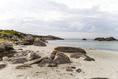 Norveç 'te kayalık bir plaj ve önünde büyük bir kaya var. Gökyüzü bulutlu ve su mavi.