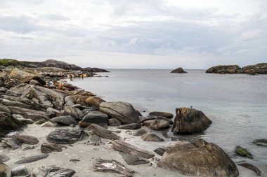 Norveç 'in arka planında büyük bir su kütlesi olan kayalık bir plaj. Kayalar sahile saçılmış ve su sakin. Sahnenin sakin ve huzurlu bir atmosferi var.