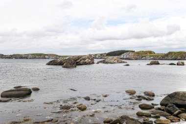 Norveç 'in arka planında bir su kütlesi olan kayalık bir kıyı şeridi. Su sakin ve kayalar kıyı boyunca dağılmış. Sahnenin huzurlu ve huzurlu bir atmosferi var.