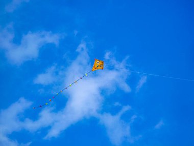 Sarı bir uçurtma gökyüzünde yükseklerde uçuyor. Gökyüzü açık ve mavi, görünürde bulut yok. Uçurtma görüntünün ana odak noktasıdır ve havada zahmetsizce süzülür.