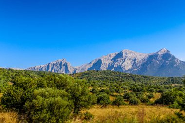 Dağlar yemyeşil ağaçlarla kaplıdır ve gökyüzü parlak bir mavidir. İtalya 'nın Sardunya adasında bulutlar görülmez. Dağların ağaçların tepesinde yükseldiği sahne huzurlu ve huzurlu. Hava kıtır kıtır