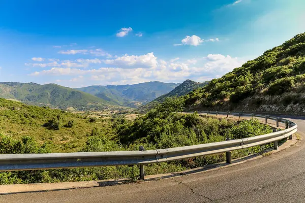 İtalya 'daki Sardunya adasında uzun ve kıvrımlı bir yol. Yol ağaçlar ve dağlarla çevrili.