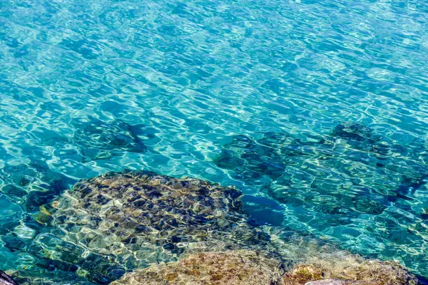 Su berrak ve sakin, İtalya 'nın Sardunya adasında ön planda birkaç kaya var. Sükunet ve huzur kavramı