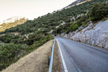 İtalya 'da Sardunya adasında, arkasında dağ olan bir yol. Yol boş ve gökyüzü temiz. Dağ ağaçlar ve çalılarla kaplı.