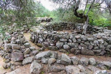 Ortasında ağaç olan taş bir duvar İtalya 'daki Sardunya Adası' ndaki Nuraghe-Mannu Arkeolojik Bölgesi 'nde bulunan antik bir taş kapı binası. Duvar büyük kayalardan oluşur ve ağaç küçüktür.