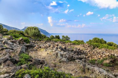 İtalya 'daki Sardunya Adası' ndaki Nuraghe-Mannu Arkeolojik Bölgesi 'ndeki antik bir taş kapı binasına dağılmış kayalık bir arazi ve birkaç ağaç..