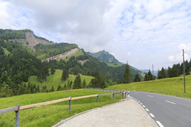 Kenarında çit, arkasında İsviçre 'de dağ olan bir yol. Yol boş ve gökyüzü bulutlu.